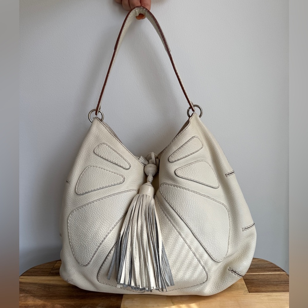 Anya Hindmarch eggshell cream daisy petal large hobo bag with leather tassel